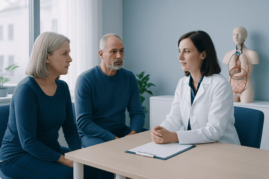 Doctor consulting with two patients in a medical office setting.