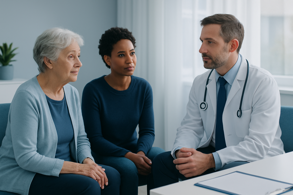 Doctor consulting with elderly and middle-aged women in a medical office.