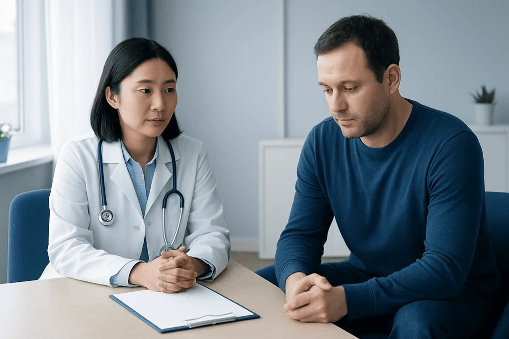 Doctor consulting with male patient in a medical office setting.