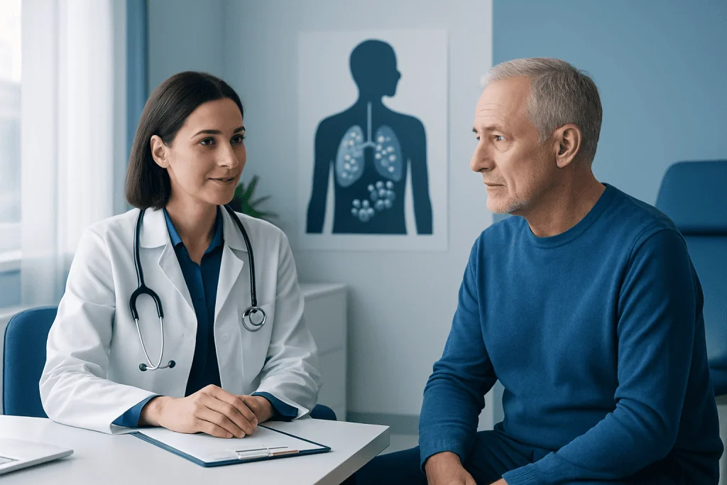 Doctor consulting with a patient in a medical office with a lung diagram in the background.