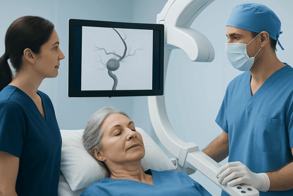 Medical team performs brain aneurysm imaging with a digital monitor.