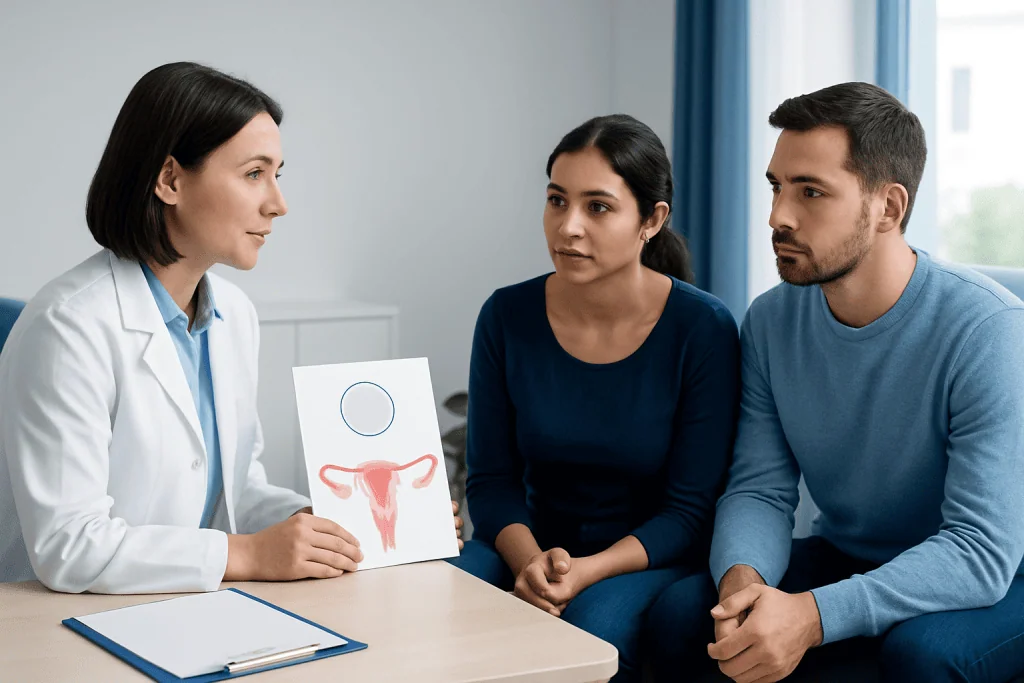 Doctor explaining IVF process to a couple with uterine diagram.