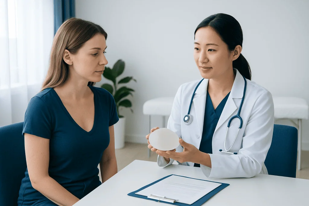 Doctor explaining breast surgery options to a patient in consultation.