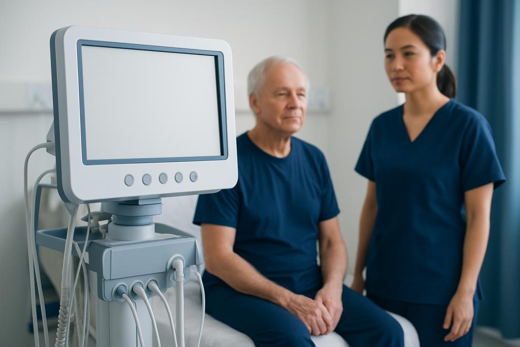 Doctor consulting elderly patient in hospital room with medical monitor.