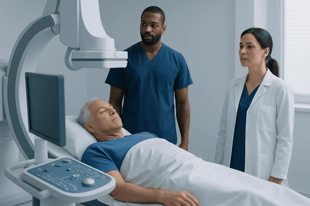 Medical team preparing for carotid artery stenting procedure in hospital.