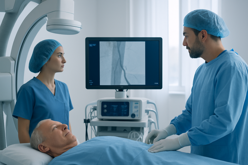 Medical team performing carotid artery stenting procedure in hospital.
