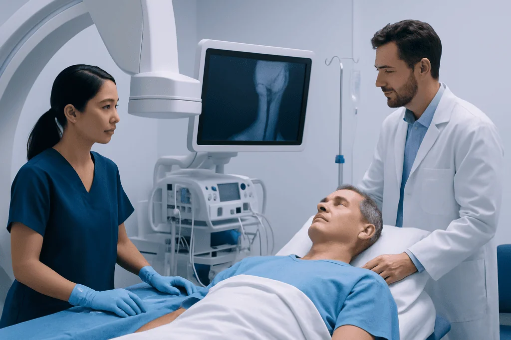 Medical team performing carotid artery stenting procedure in hospital.