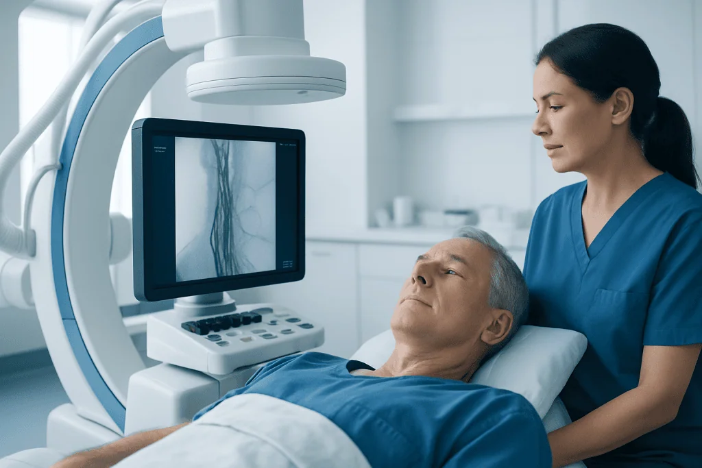 Medical professional monitoring carotid artery imaging during stroke prevention procedure.