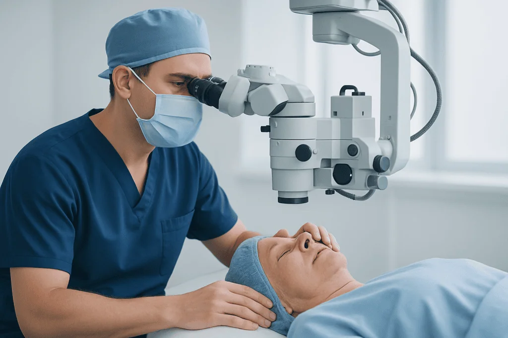 Surgeon performing eye surgery with microscope at Acibadem Hospital.