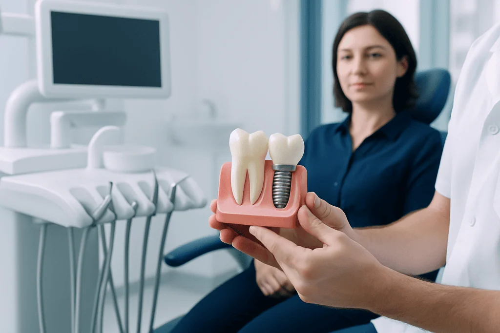 Dental implant model with artificial tooth and screw in a dental clinic.
