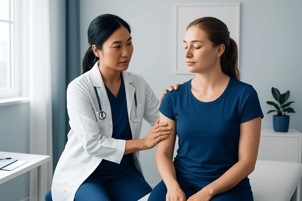 Doctor explaining dry needling benefits to patient in clinic setting.