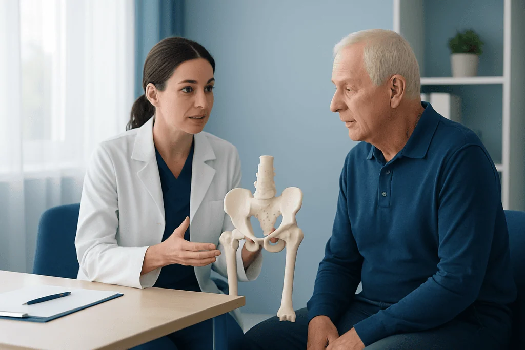 Doctor explaining hip replacement options to an elderly patient with a pelvic model.