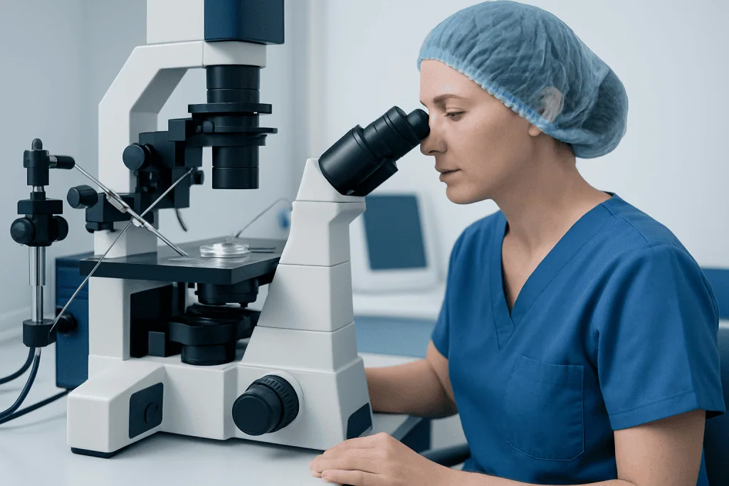 Female scientist examining samples through a microscope in a laboratory setting.