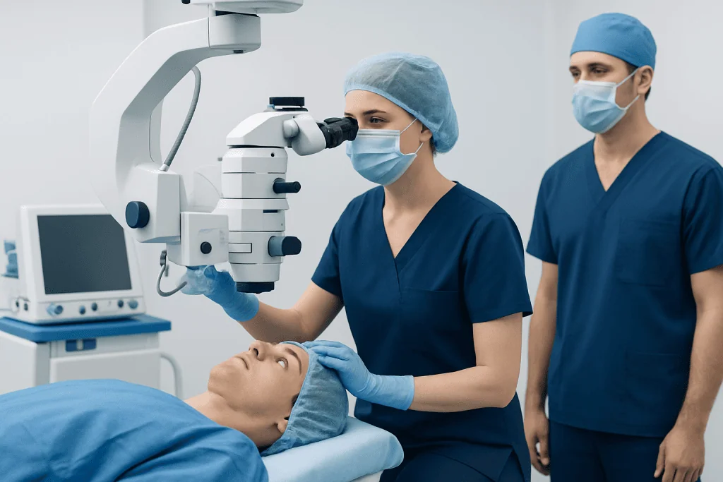 Surgeons perform eye surgery using advanced microscope equipment in a modern hospital.