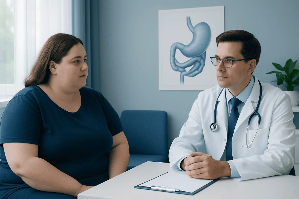 Doctor consulting with a patient about gastric health in a medical office.