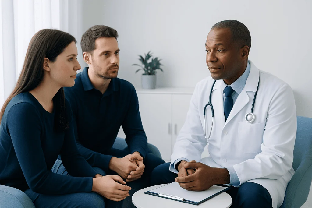 Fertility consultation with doctor and couple in a clinic setting.