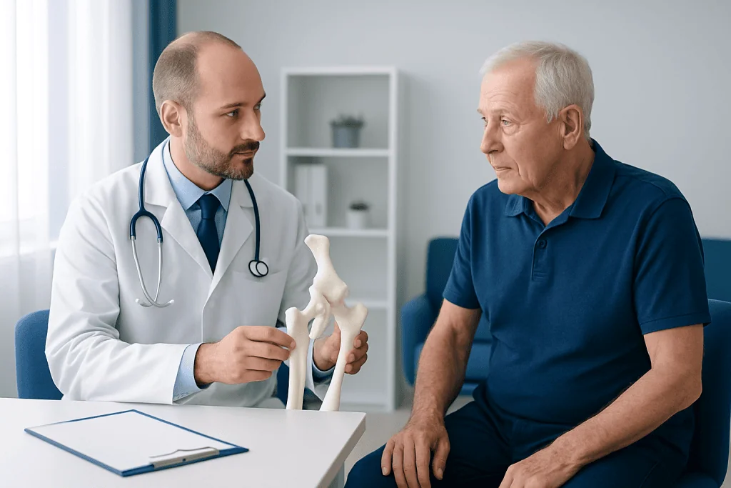 Orthopedic doctor explaining hip replacement options to elderly patient.