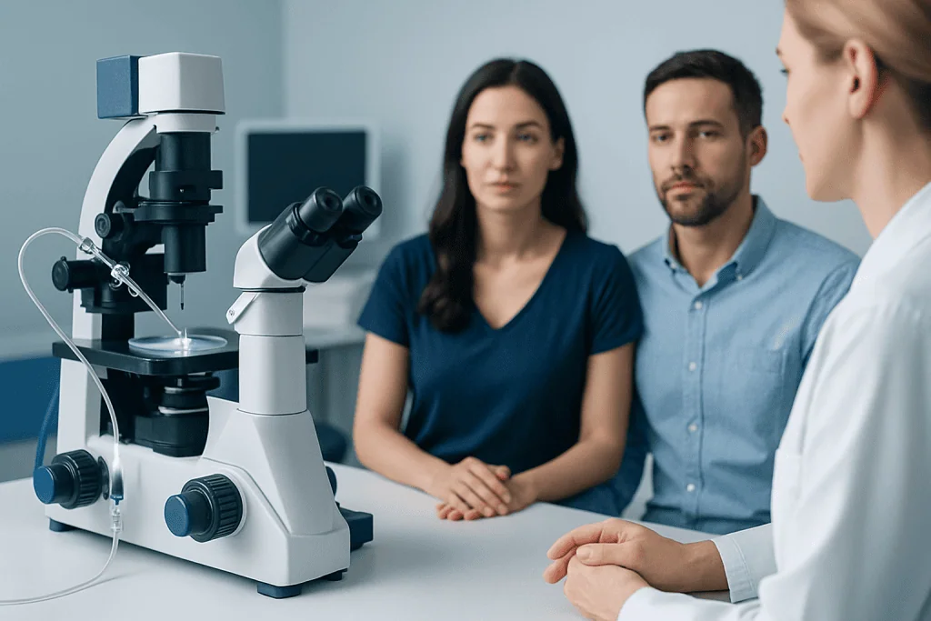 Medical professionals discuss fertility treatment with a microscope in the background.
