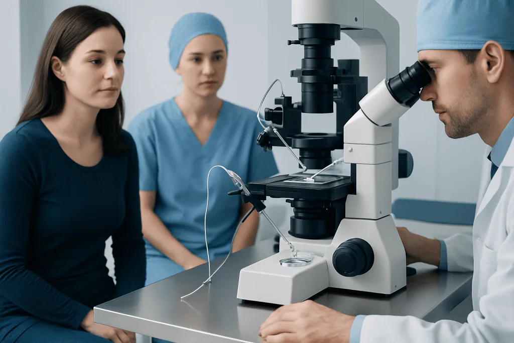 Fertility specialists examine a patient using a microscope in a medical lab.