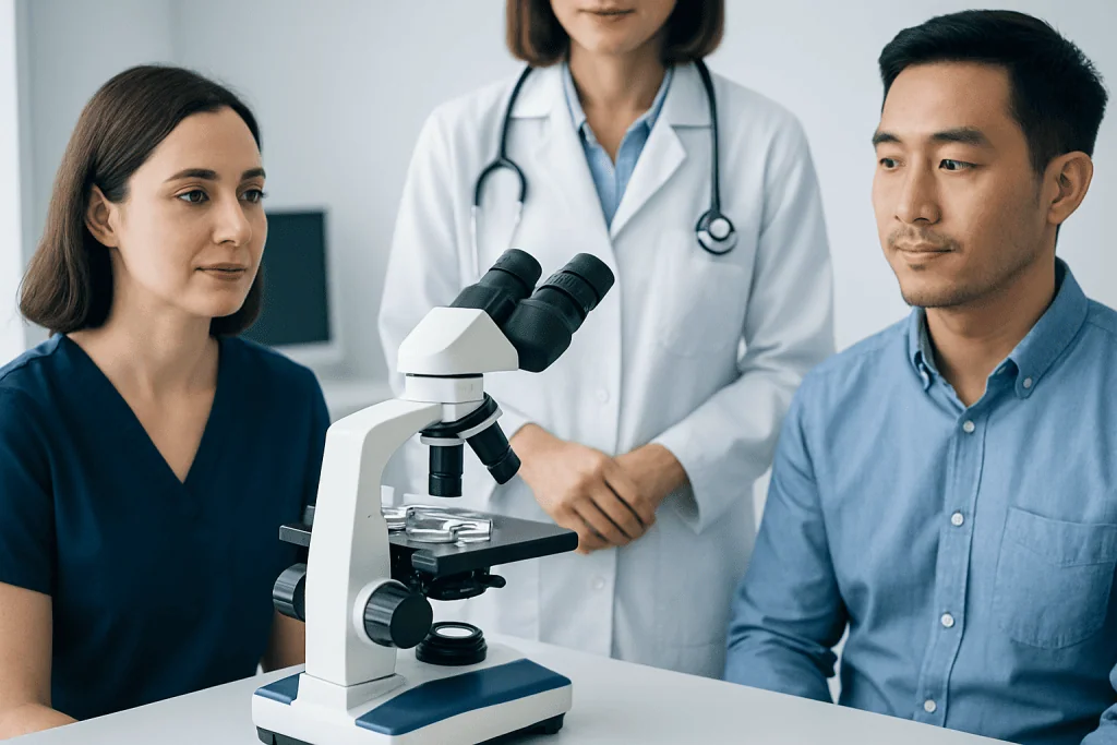 Medical professionals and a patient in a fertility clinic with a microscope.