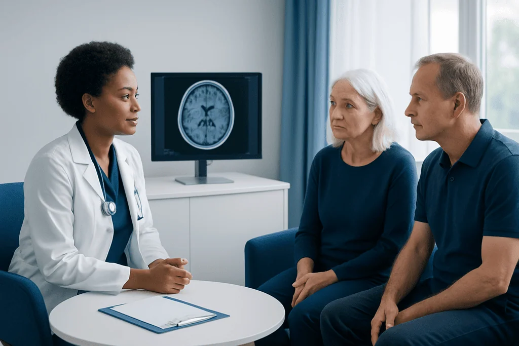 Doctor explaining brain scan to elderly couple in a consultation room.