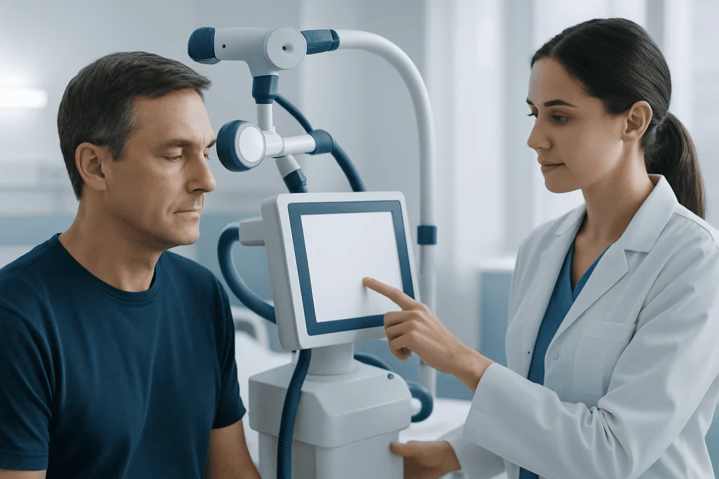Doctor explains neuromodulation treatment to patient in a hospital setting.