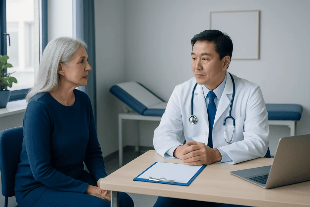 Doctor consulting with an elderly female patient in a medical office.