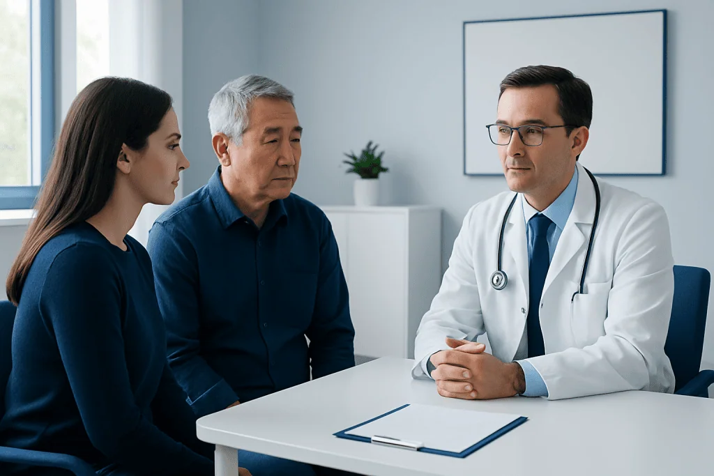 Doctor consulting with a patient and companion in a modern clinic setting.