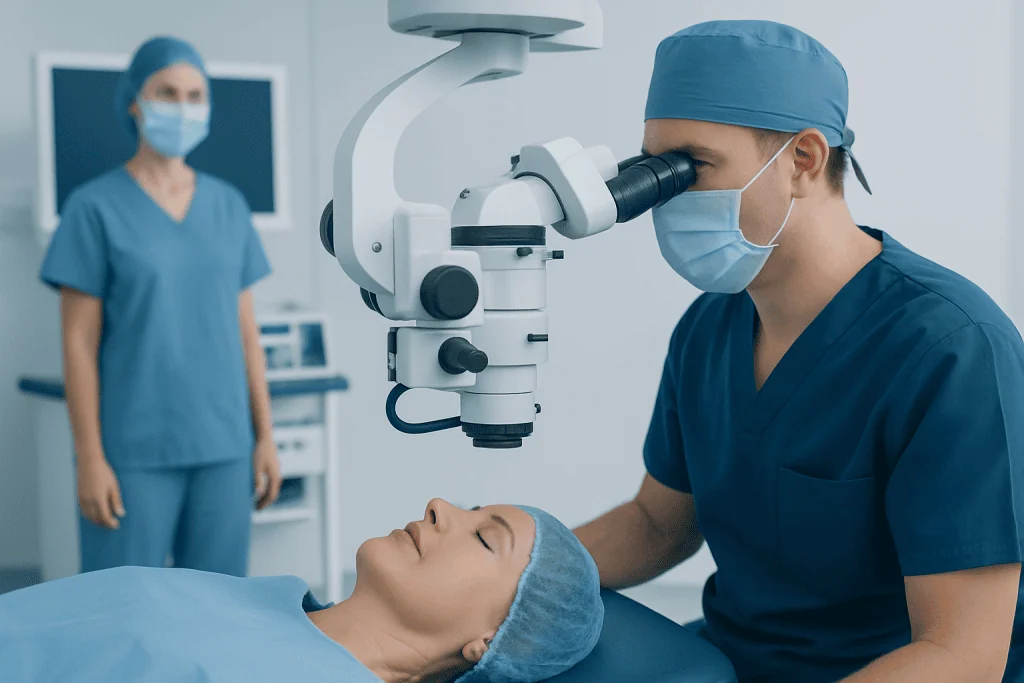 Surgeon performing ptosis surgery with advanced microscope in hospital.
