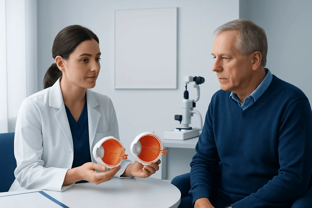 Ophthalmologist explains eye surgery options to an elderly patient.