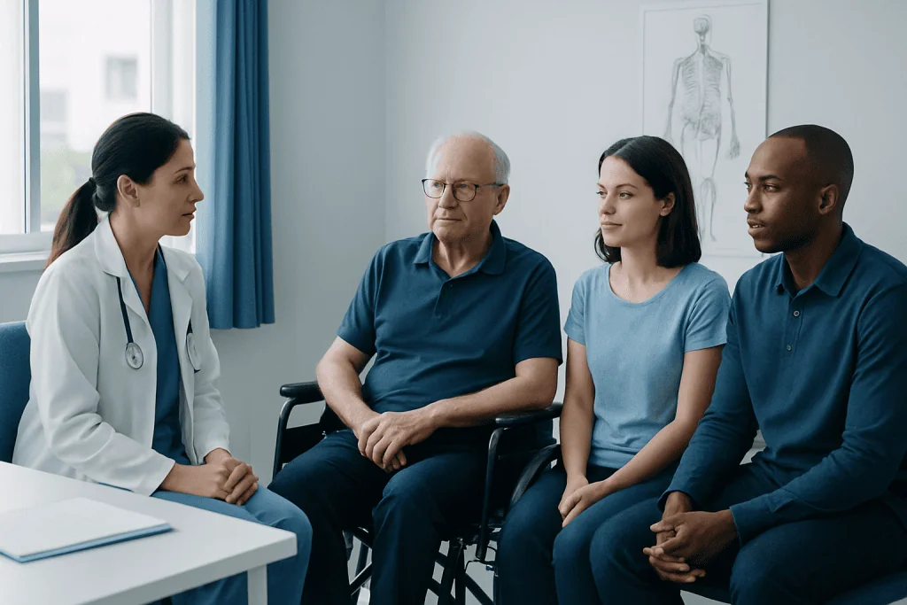 Doctor consulting with elderly and young patients in a medical office.