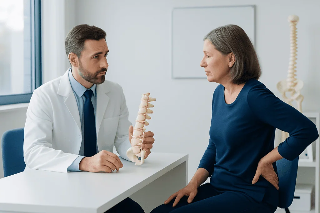 Doctor explaining lumbar spine model to patient in consultation room.