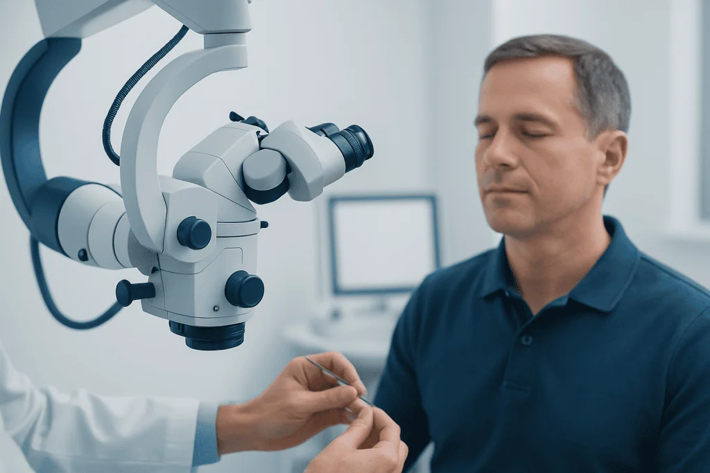 ENT specialist prepares for stapedectomy surgery with surgical microscope.