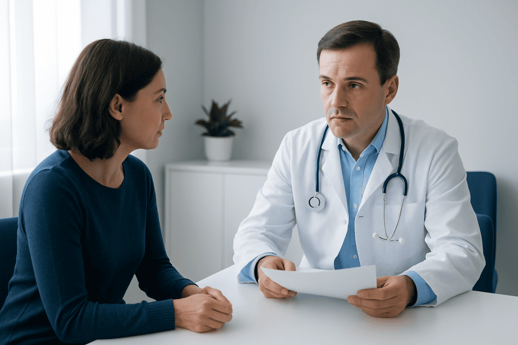Doctor consulting with a female patient in a medical office.