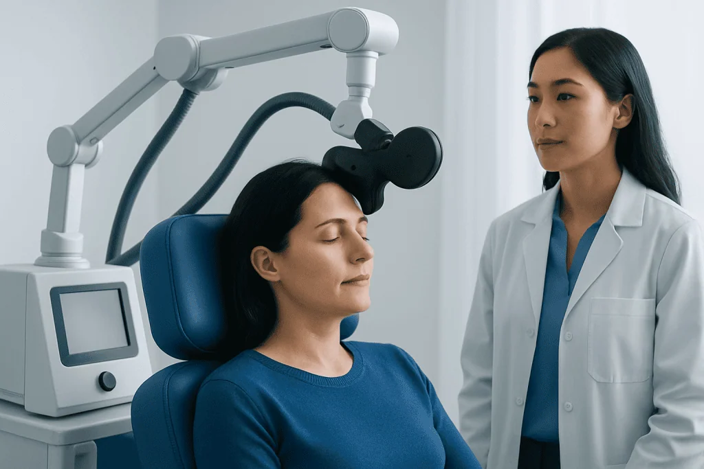 Patient undergoing transcranial magnetic stimulation therapy at Acibadem Hospital.