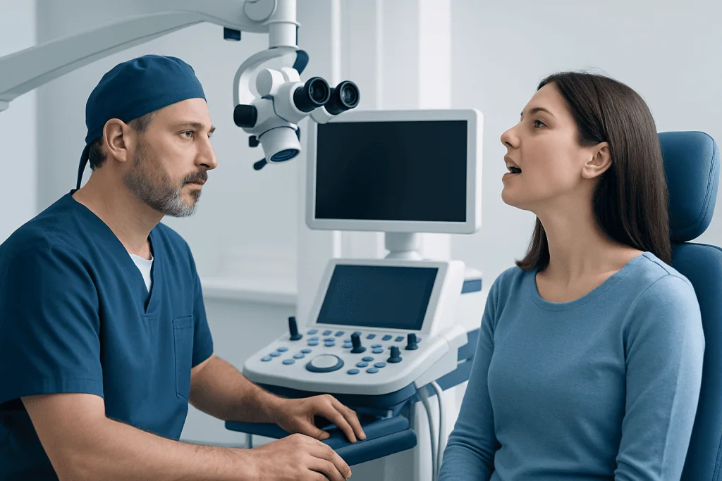 Doctor performing a throat examination on a patient in a medical clinic.