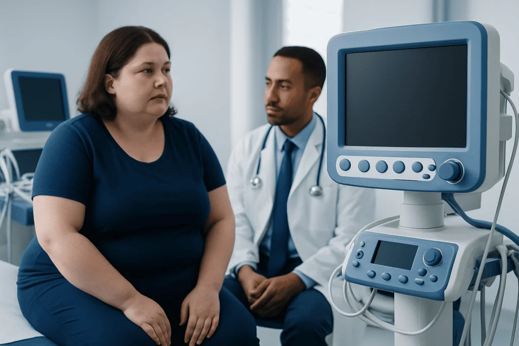 Doctor consulting with a patient about weight loss options in a medical clinic.