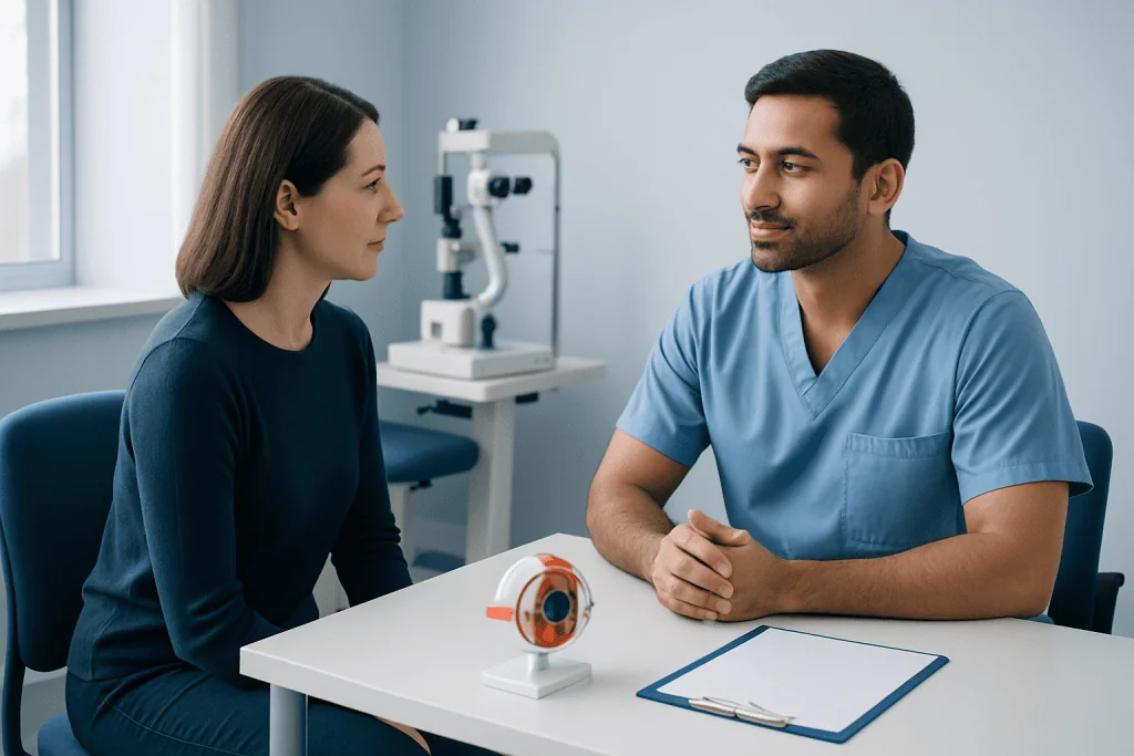 Doctor consulting patient in a modern eye care clinic setting.