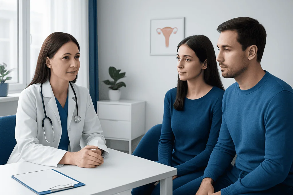 Fertility consultation with a doctor and a couple at a clinic.
