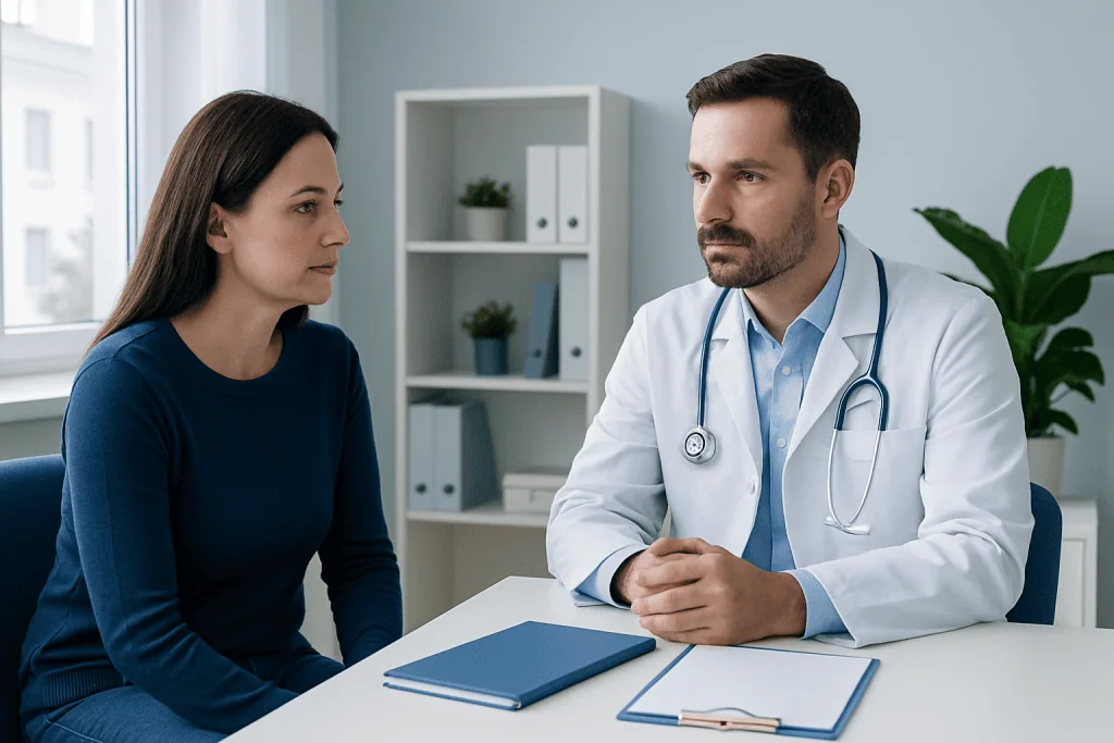Doctor consulting with a female patient in a modern clinic setting.