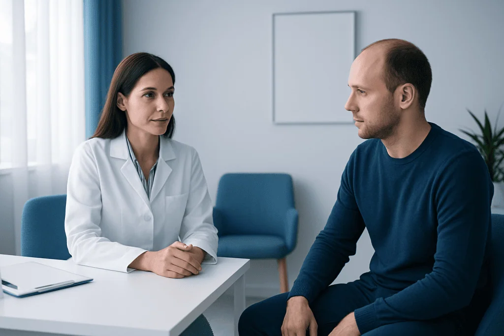 Doctor consulting with male patient in a medical office.