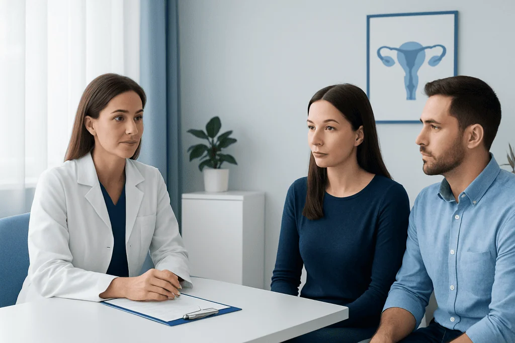 Doctor consulting with a couple about egg freezing options at a clinic.