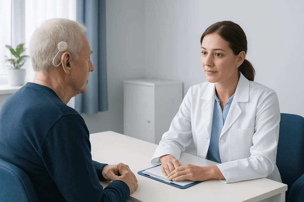 Doctor consulting elderly patient about hearing loss options at clinic.