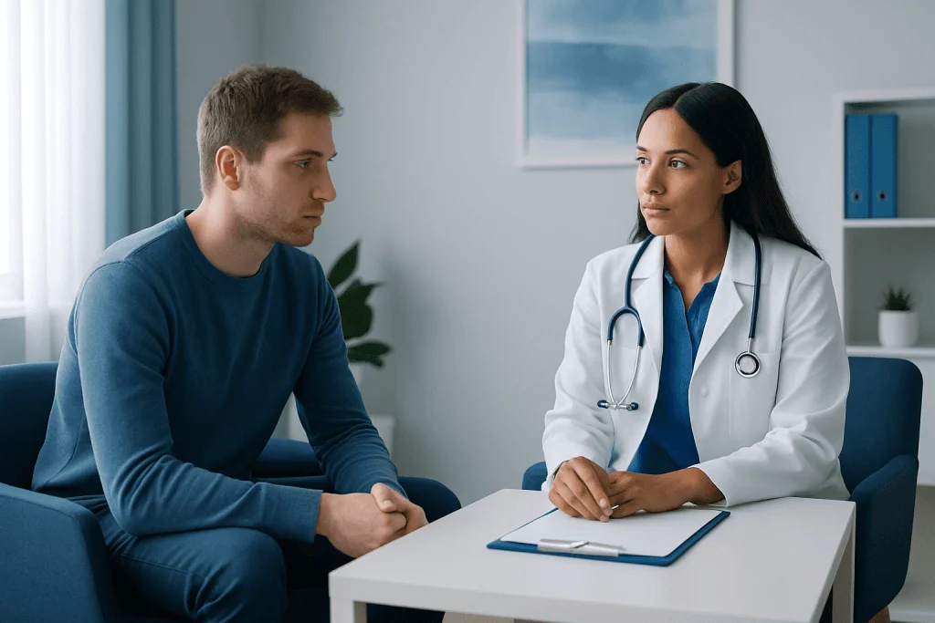 Doctor consulting with a patient in a medical office setting.