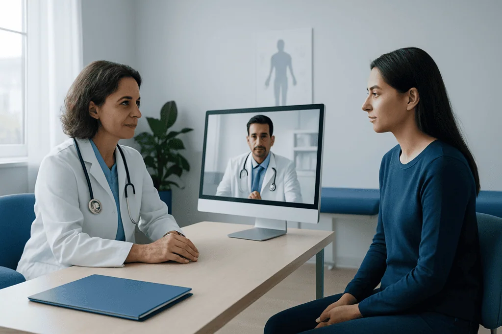 Doctor and patient in telemedicine consultation with a remote doctor on screen.