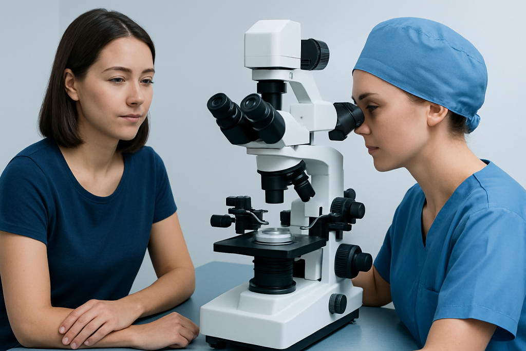 Fertility specialist examining a patient with a microscope at Acibadem Hospitals.
