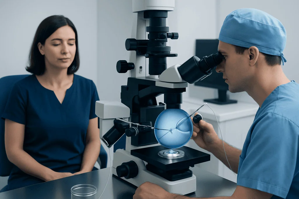 Fertility specialist examines an egg under a microscope during IVF consultation.