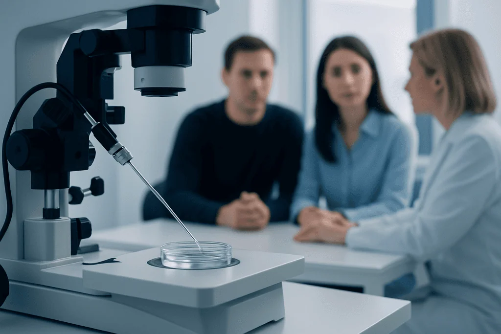 Medical professionals discussing fertility treatment in a laboratory setting.