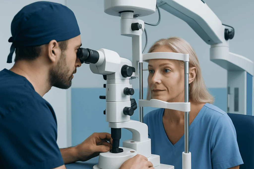 Ophthalmologist examining a patient with a slit lamp in a clinical setting.