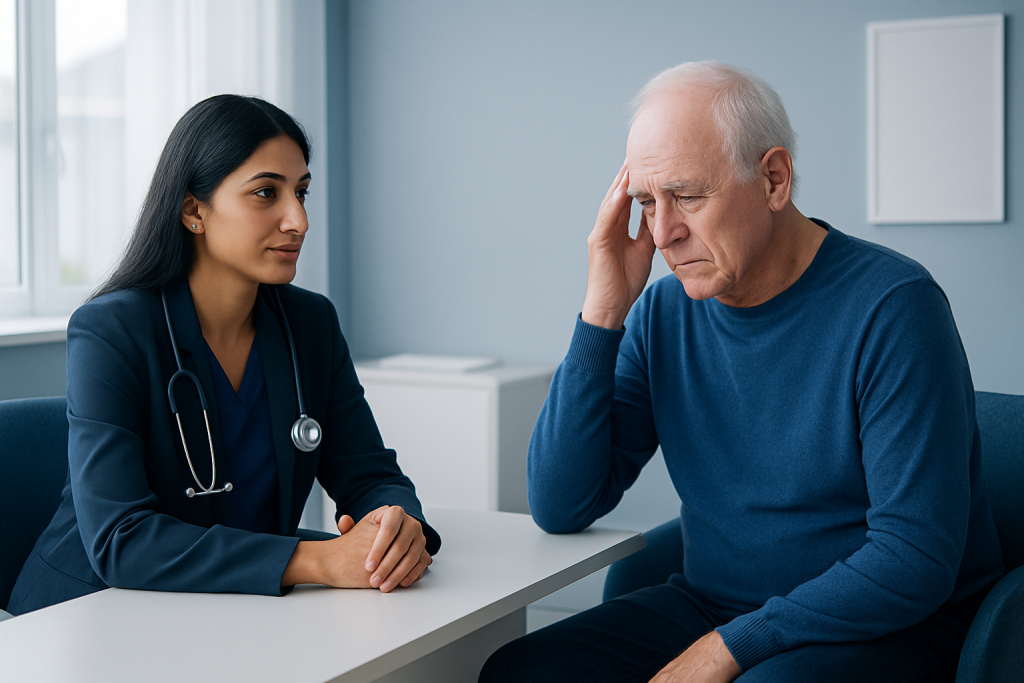Doctor consulting with elderly patient in a medical office.